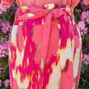 NWT SIZE 12 Calvin Klein Linen, Rayon Blend  Ikat print Peach/Poppy 23" L Skirt